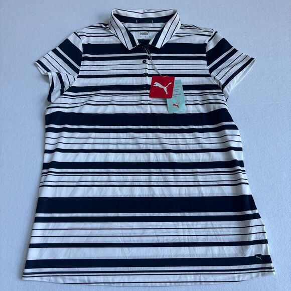 Puma Cloudspun Ribbon Polo Shirt Women's L Navy White Stripe Golf Wicking Preppy - Picture 1 of 8